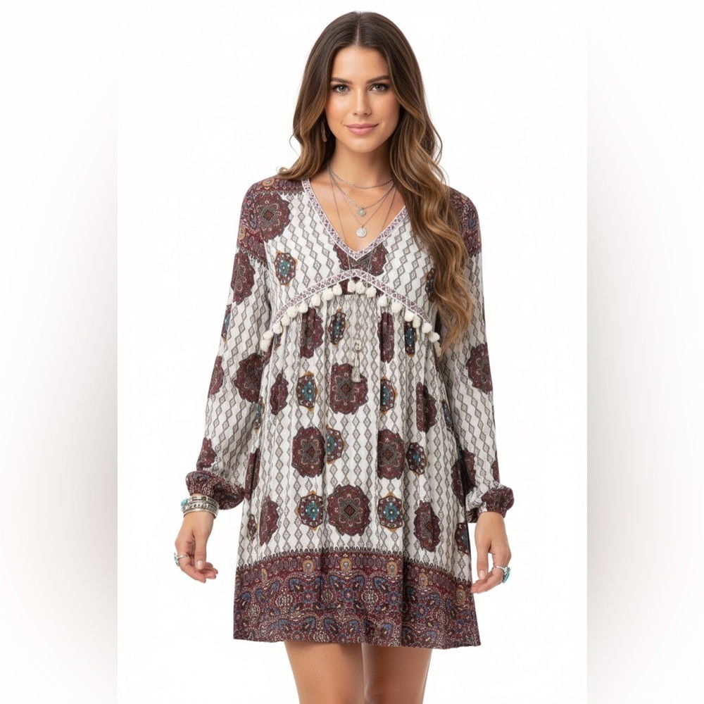 Umgee Boho Babydoll Dress Small Tassel Trim Long Sleeve Ethnic Print